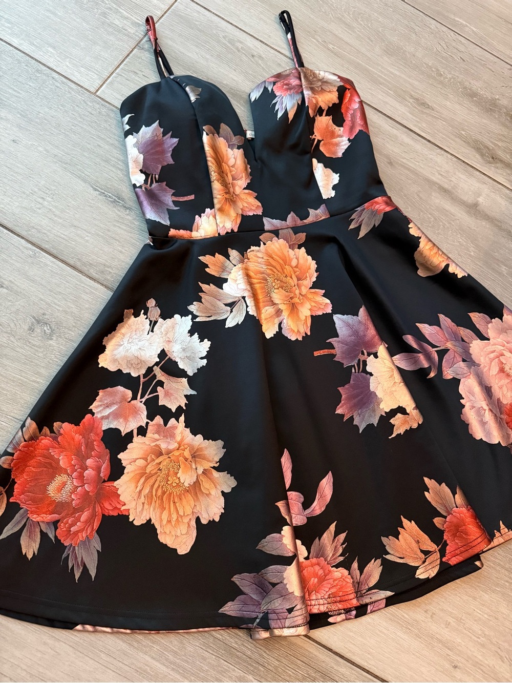 Charlotte Russe Black Mini Dress with Peach, Coral & Pink Floral Print